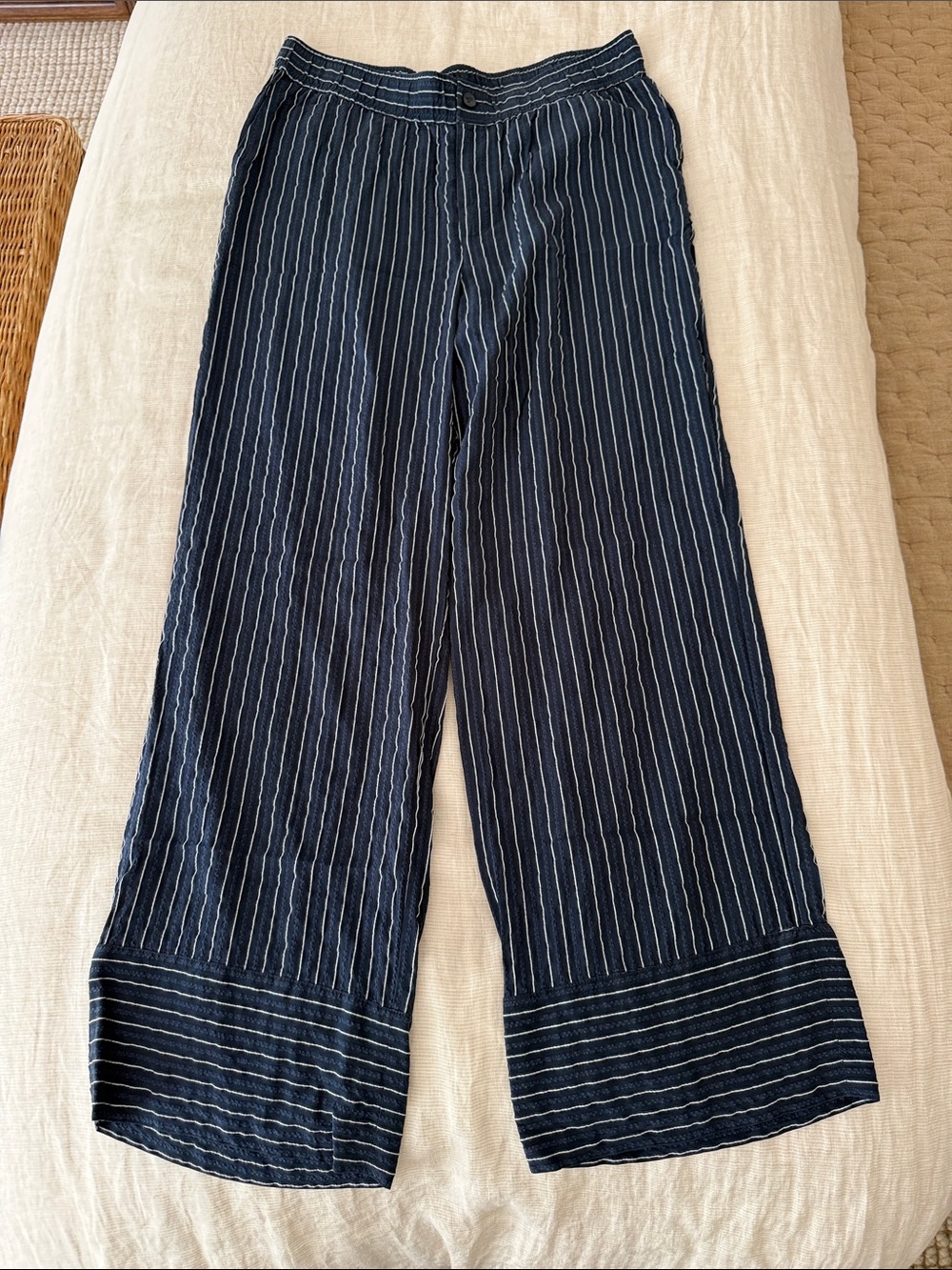 Ganni Silk Navy Blue Pinstripe Wide-Leg Pants